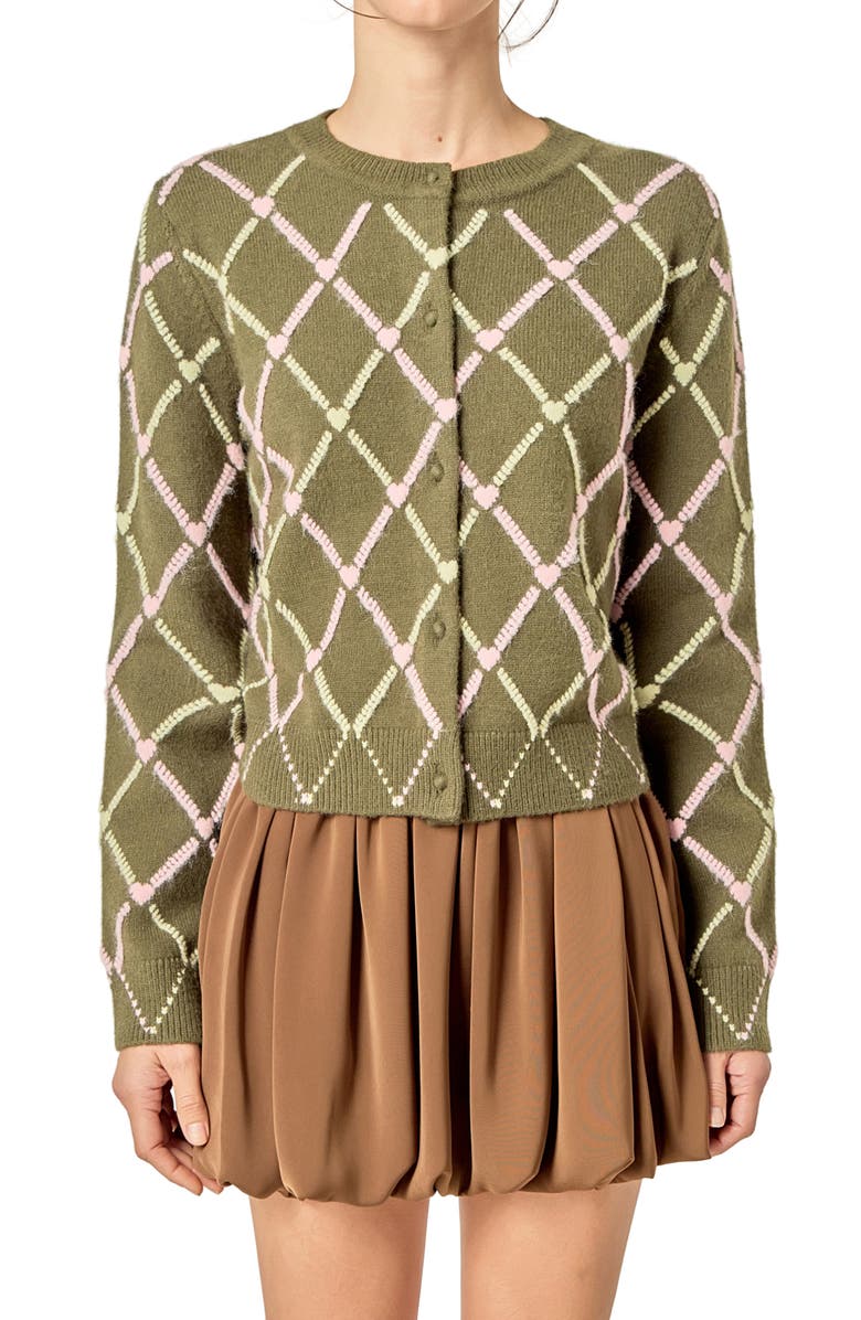English Factory Diamond Heart Cardigan, Alternate, color, Green/ Pink