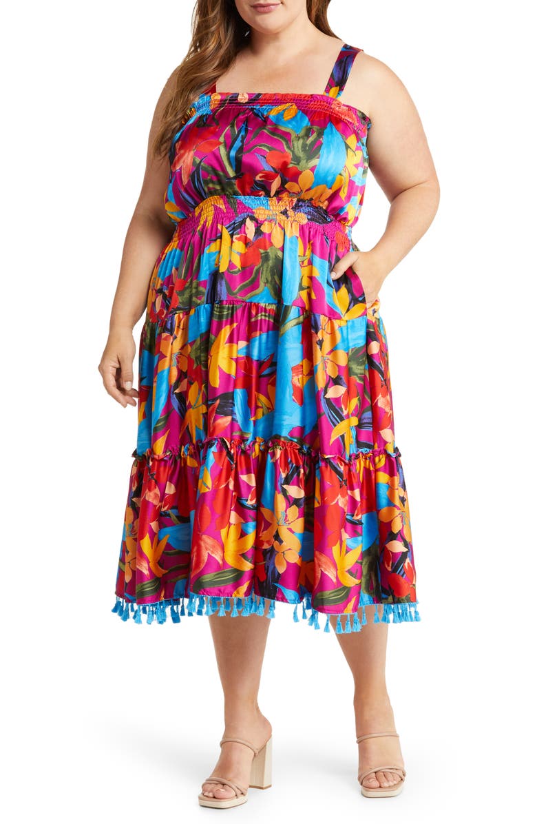 Tahari ASL Smocked Hammered Satin Midi Dress, Main, color, 