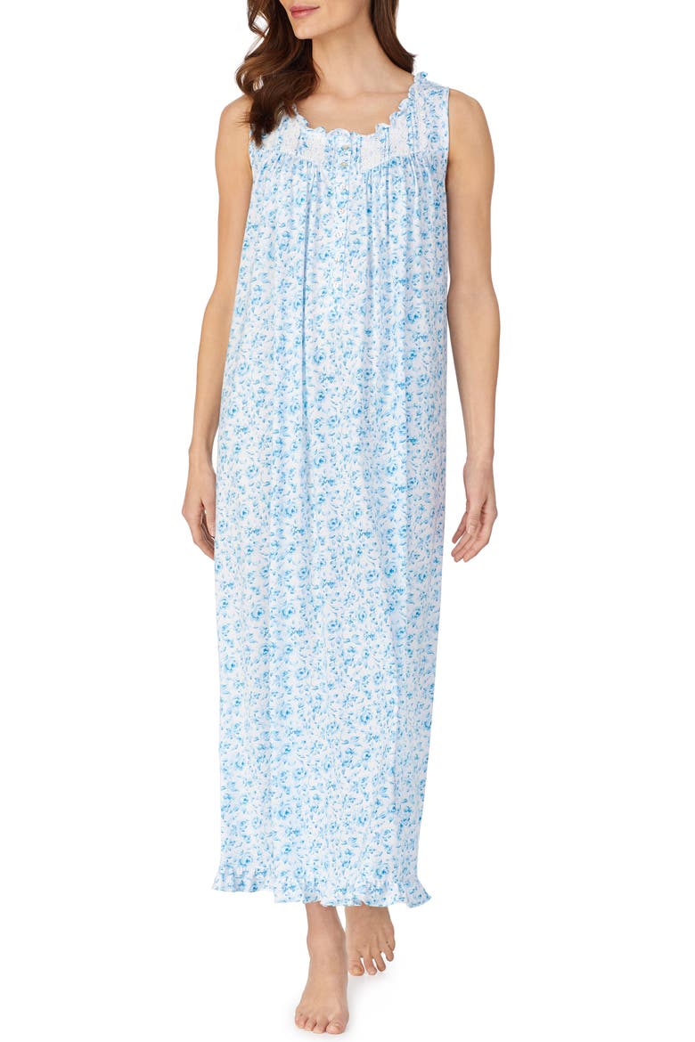 Lace Trim Rose Print Ballet Nightgown, Main, color, WHITE GROUND TEAL MONO FLORAL