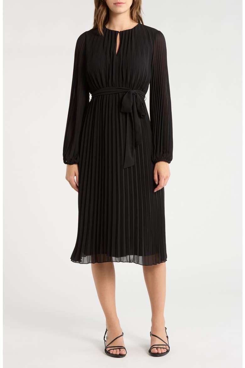 Long Sleeve Plissé Maxi Dress, Main, color, BLACK