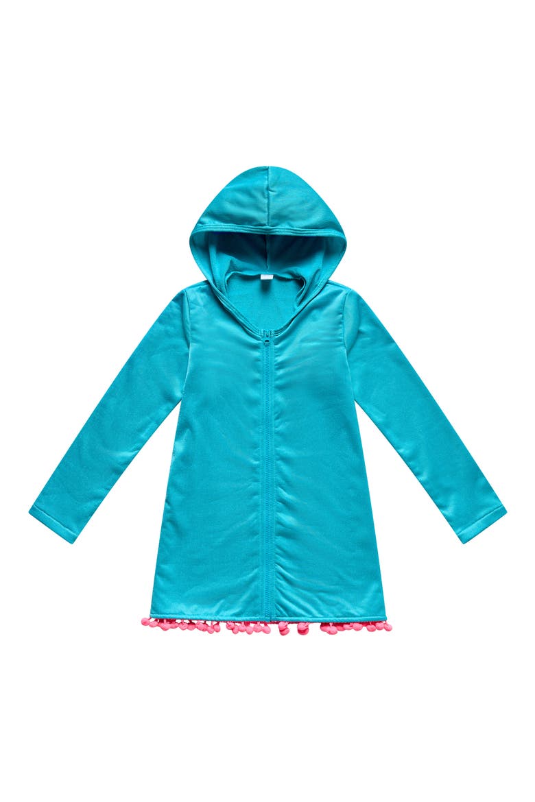 Kids' Pom Trim Hooded Cover-Up Tunic, Main, color, POOL PARTY