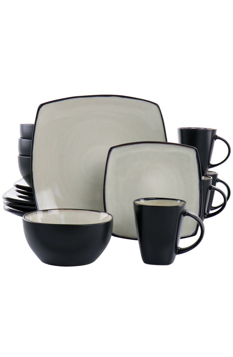 Gibson Elite 16 Piece Square Stoneware Dinnerware Set, Main, color, Beige