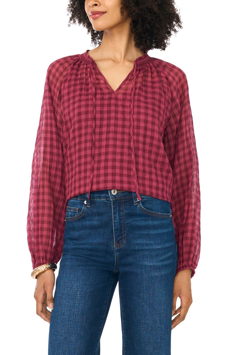 Tie Neck Shirred Top, Main, color, CRISP MERLOT