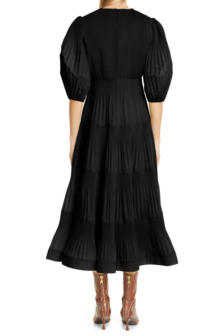 Pleated Balloon Sleeve Tiered Dress, Alternate, color, BLACK