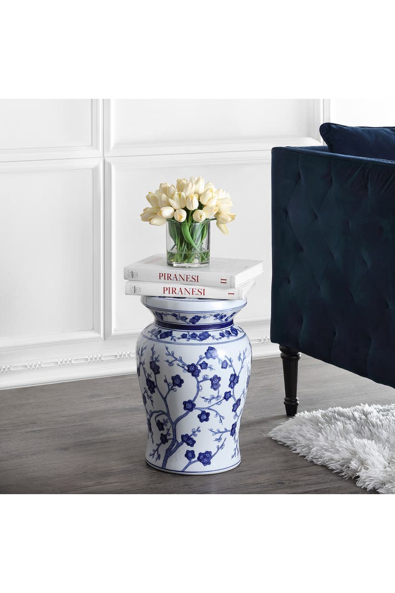 Cherry Blossom Traditional Chinoiserie Floral Ceramic Garden Stool, Indoor/Outdoor Patio Side Table, Accent Seat & End Table, Alternate, color, White/Blue