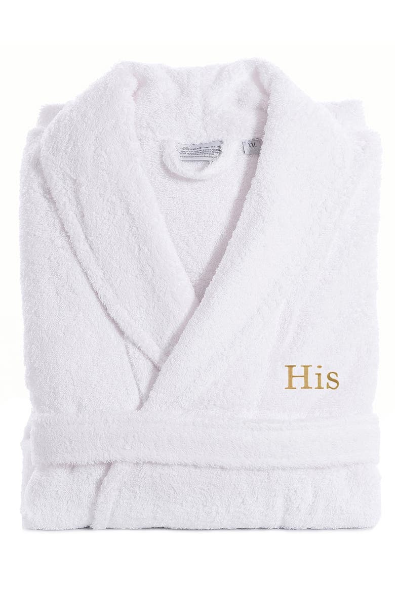Embroidered 'His' Terry Bathrobe, Alternate, color, WHITE