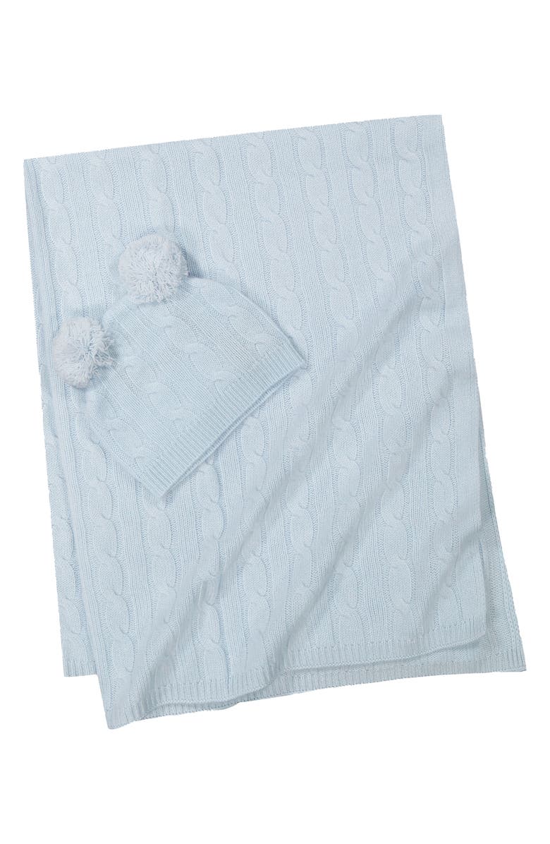 Sofia Cashmere Cable Stitch Cashmere Beanie & Blanket Set, Main, color, Blue