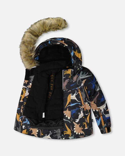 Deux Par Deux Two-piece Play Snowsuit With Dinosaurs Jacket In Blue