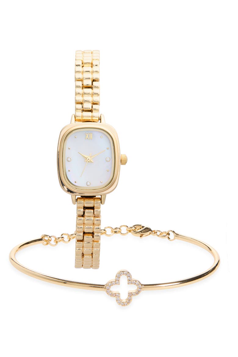 Square Face Watch & Clover Bracelet Set, Main, color, GOLD