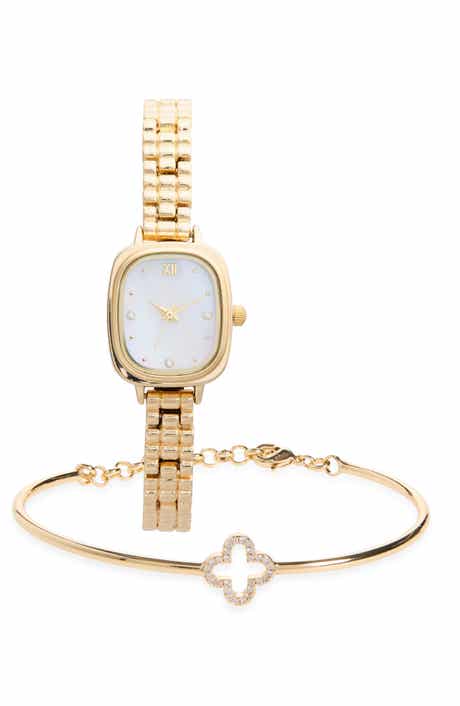 Square Face Watch & Clover Bracelet Set