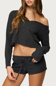 EDIKTED Teddy Off the Shoulder Waffle Knit Crop Top