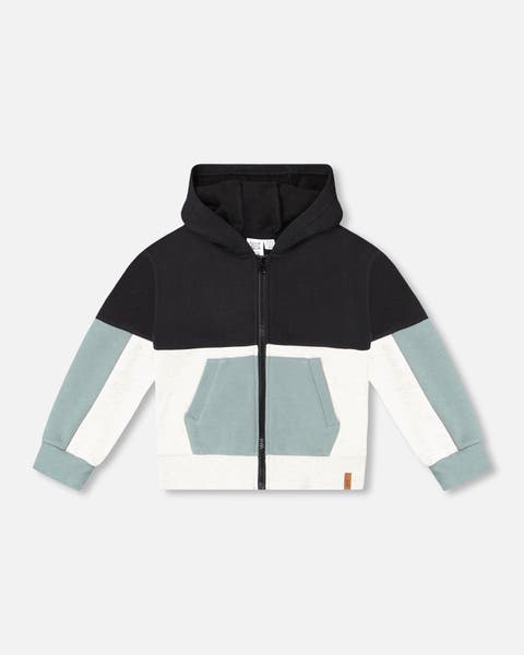 Deux Par Deux French Terry Color Block Full Zip Hoodie Cardigan Sweatshirt  - Navy
