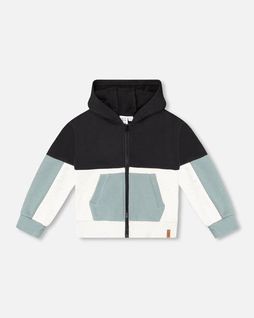 Deux Par Deux Little Boy's French Terry Color Block Full Zip Hoodie Cardigan Sweatshirt Black, Teal In Black, Teal And Shimmer