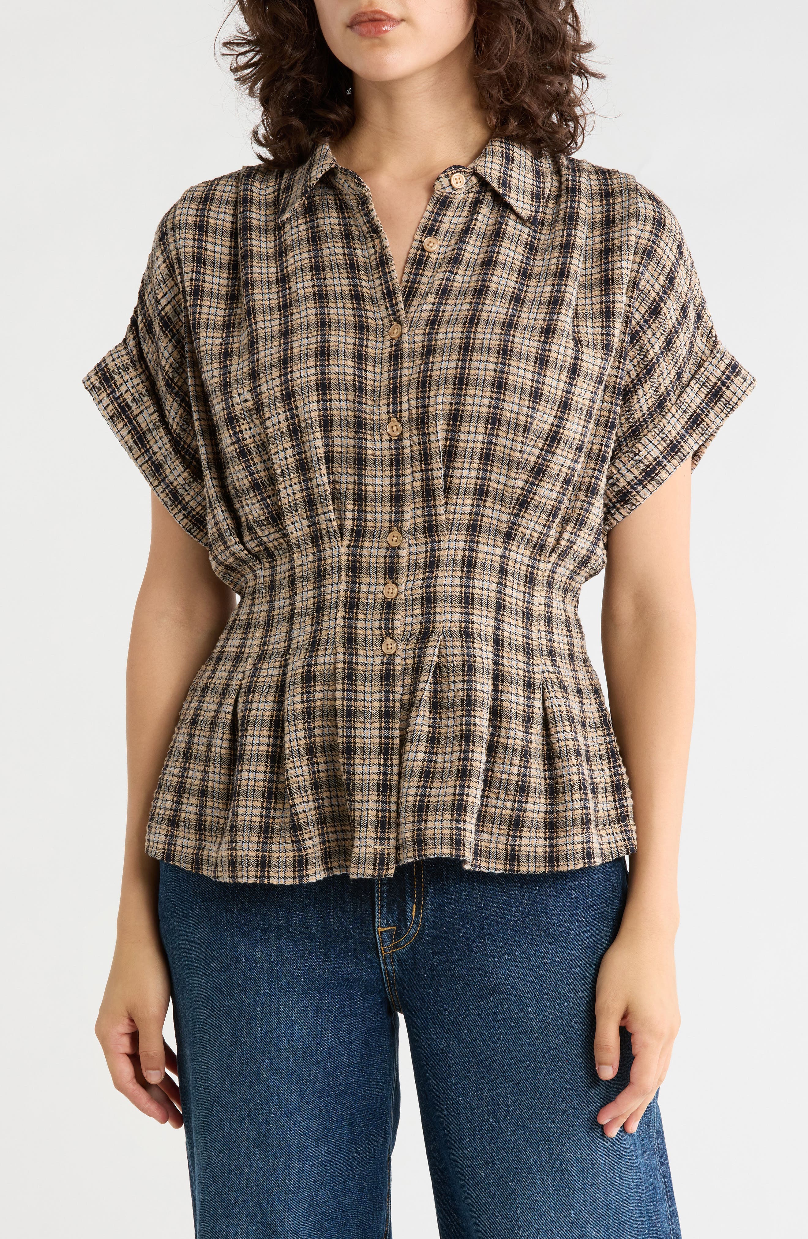 Plaid Pintucked Short Sleeve Shirt