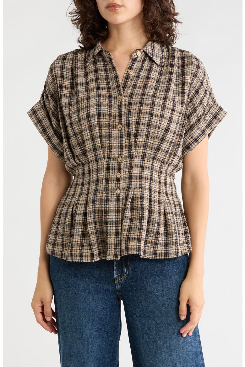 Plaid Pintucked Short Sleeve Shirt, Main, color, TAUPE/ BLACK/ BLUE PLAID