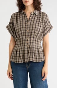 MAX STUDIO Plaid Pintucked Short Sleeve Shirt