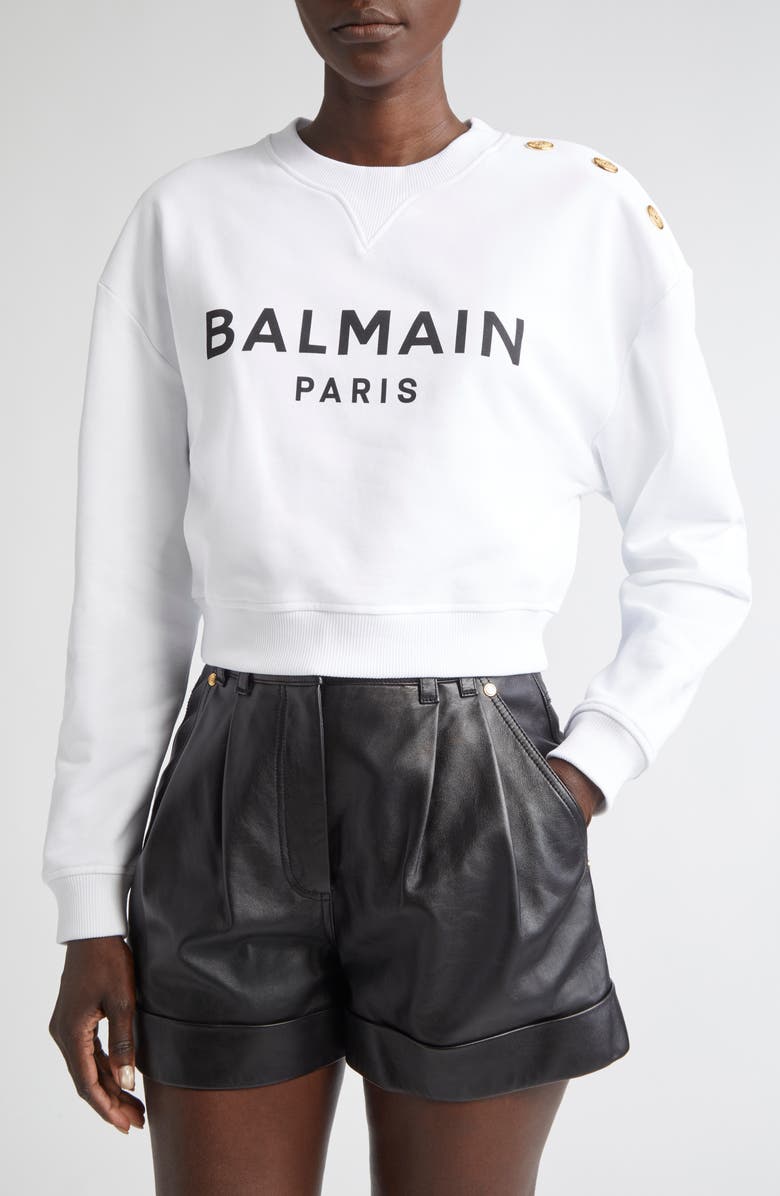 Balmain Crop Logo Graphic Sweatshirt, Main, color, Gab White/ Blk
