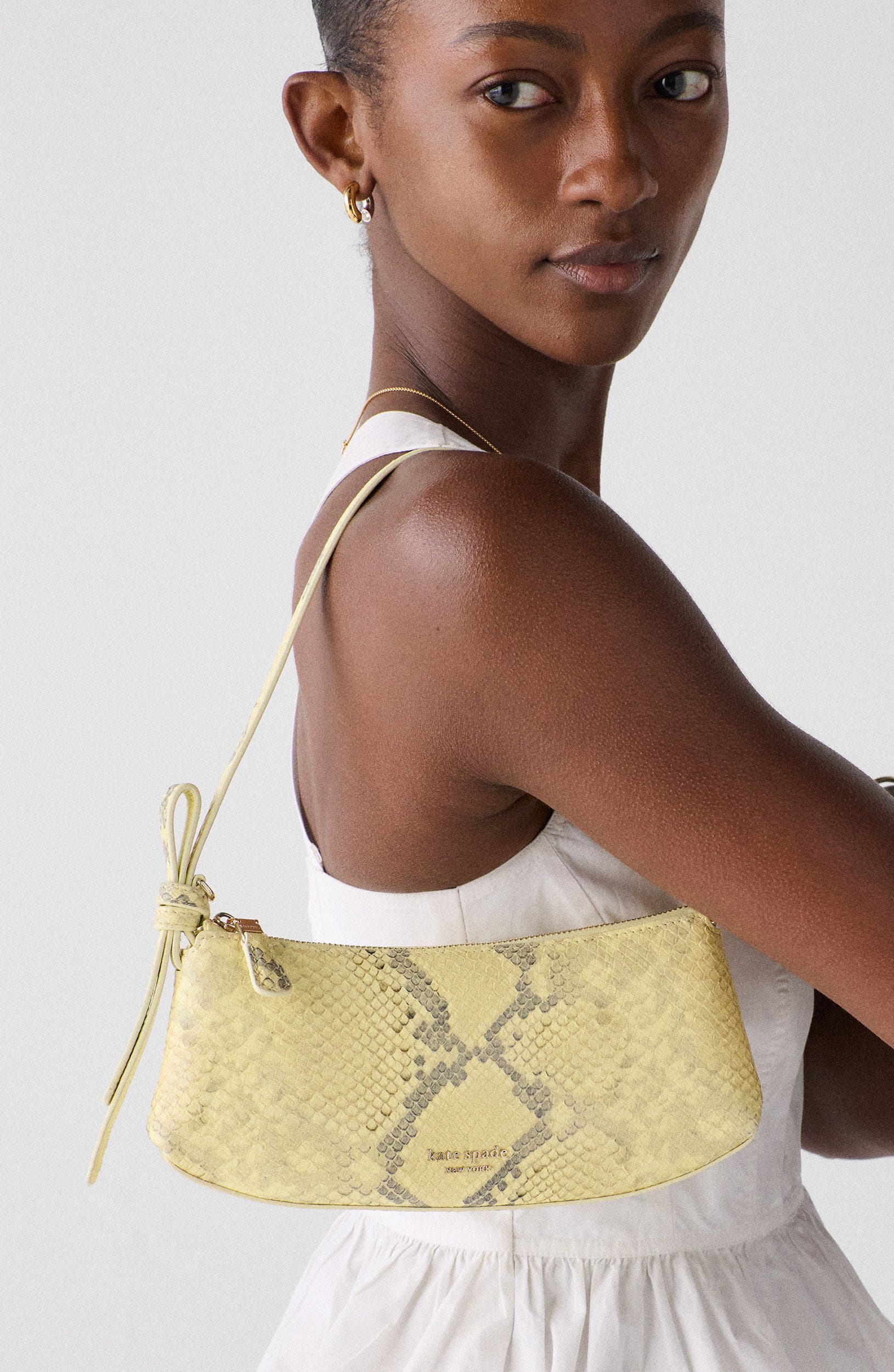 Kate Spade New York loop snakeskin embossed leather pochette shoulder bag, Alternate, color, Pale Citron