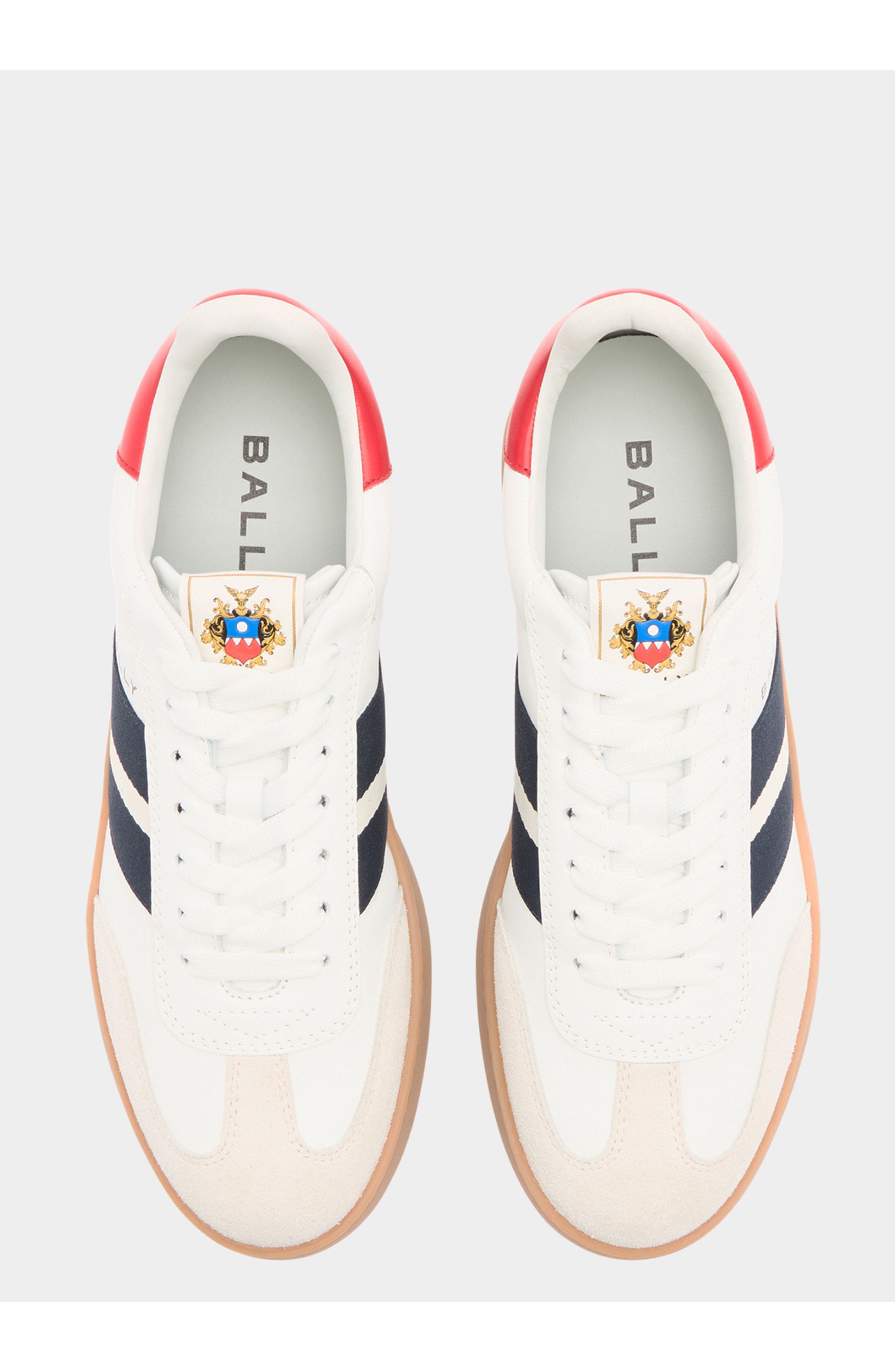 Bally Retro Crest Sneaker in Plain Leather, Alternate, color, White/Swiss Red