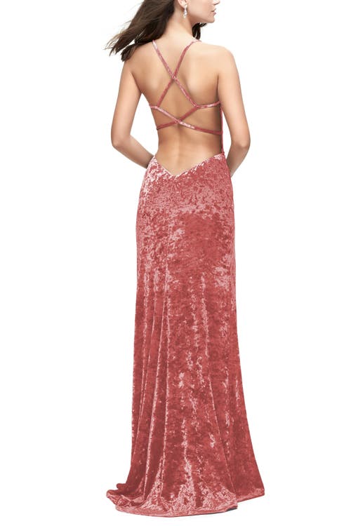 La Femme Crushed Velvet Form Fitting Gown With Leg Slit And Open Back In Blush