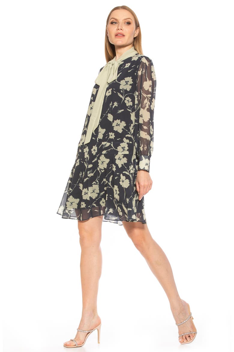 Drop Waist Tie Neck Long Sleeve Dress, Alternate, color, BLACK WHITE FLORAL