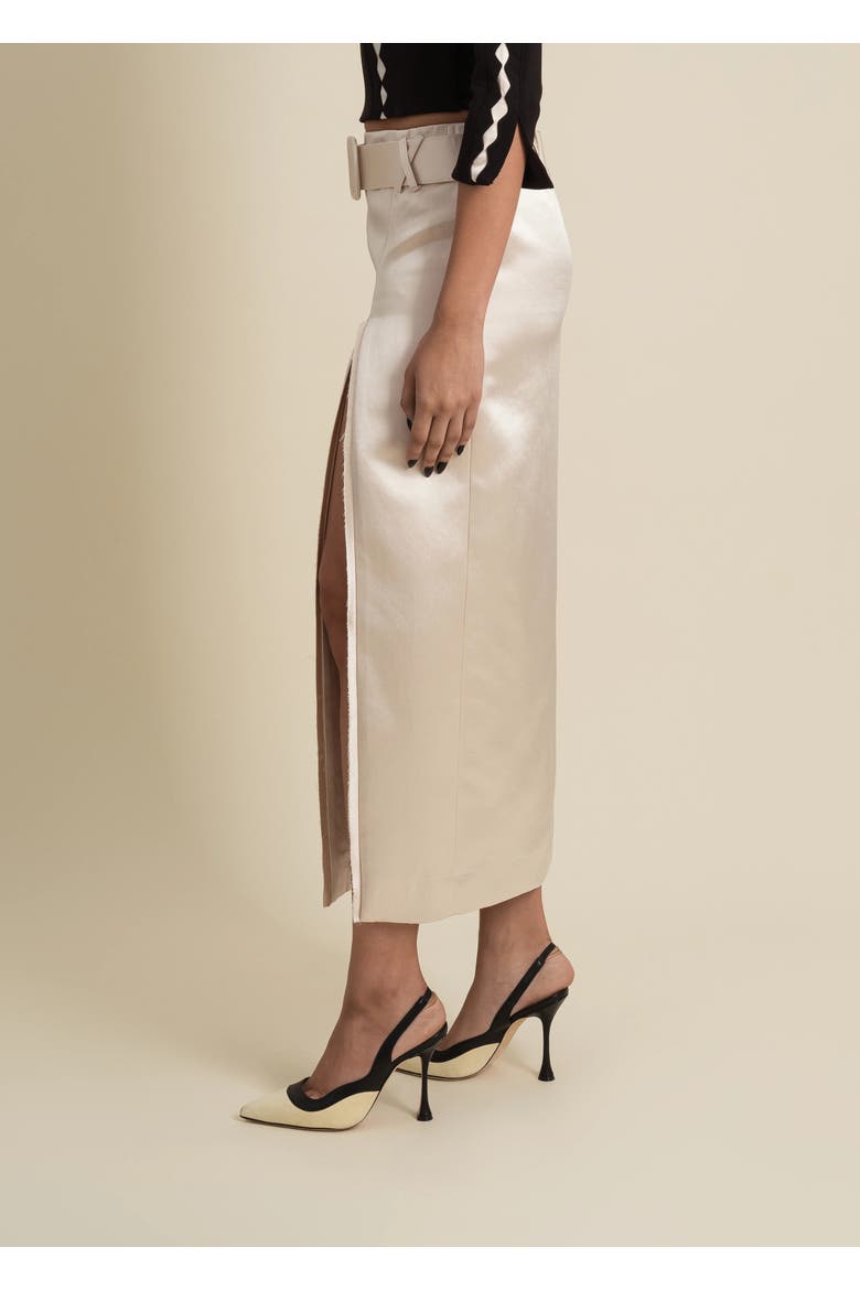 Morgaine Mid-Rise Fluid Elegant Shiny Sateen Skirt, Alternate, color, Champagne