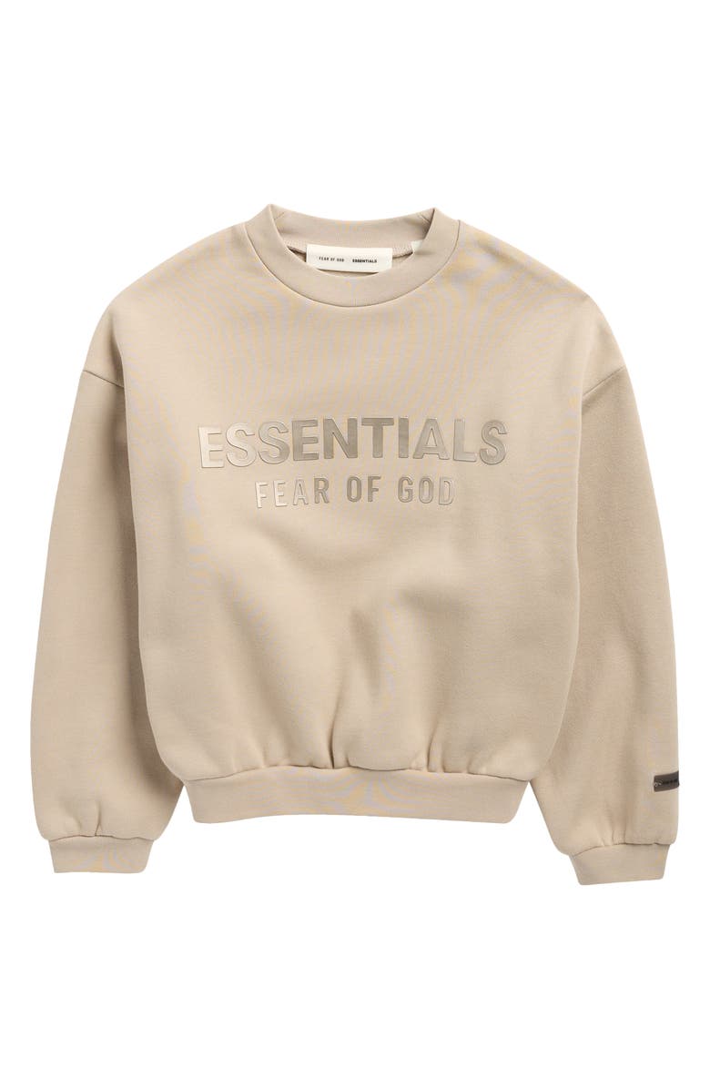 Fear of God Essentials Kids' Metallic Logo Crewneck Fleece Sweatshirt, Main, color, Timber