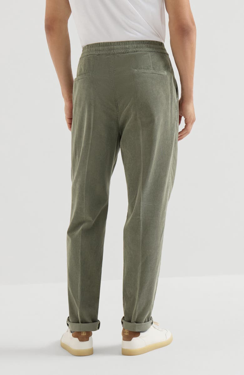 Brunello Cucinelli Garment-dyed trousers in cotton narrow wale corduroy with drawstring and double pleats, Alternate, color, Military