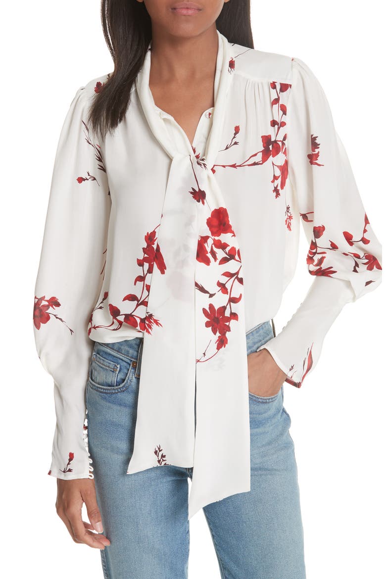 Angeletta Tie Neck Floral Silk Blouse, Main, color, PORCELAIN