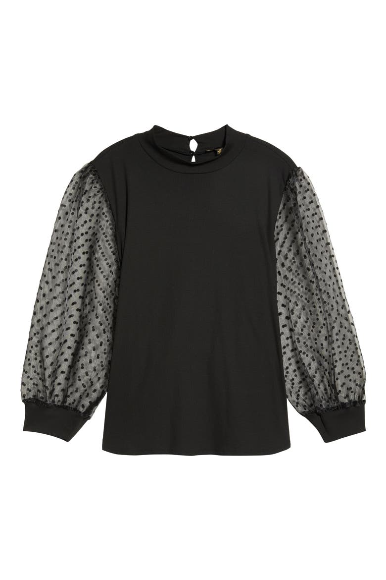 Swiss Dot Chiffon & Rib Top, Alternate, color, BLACK