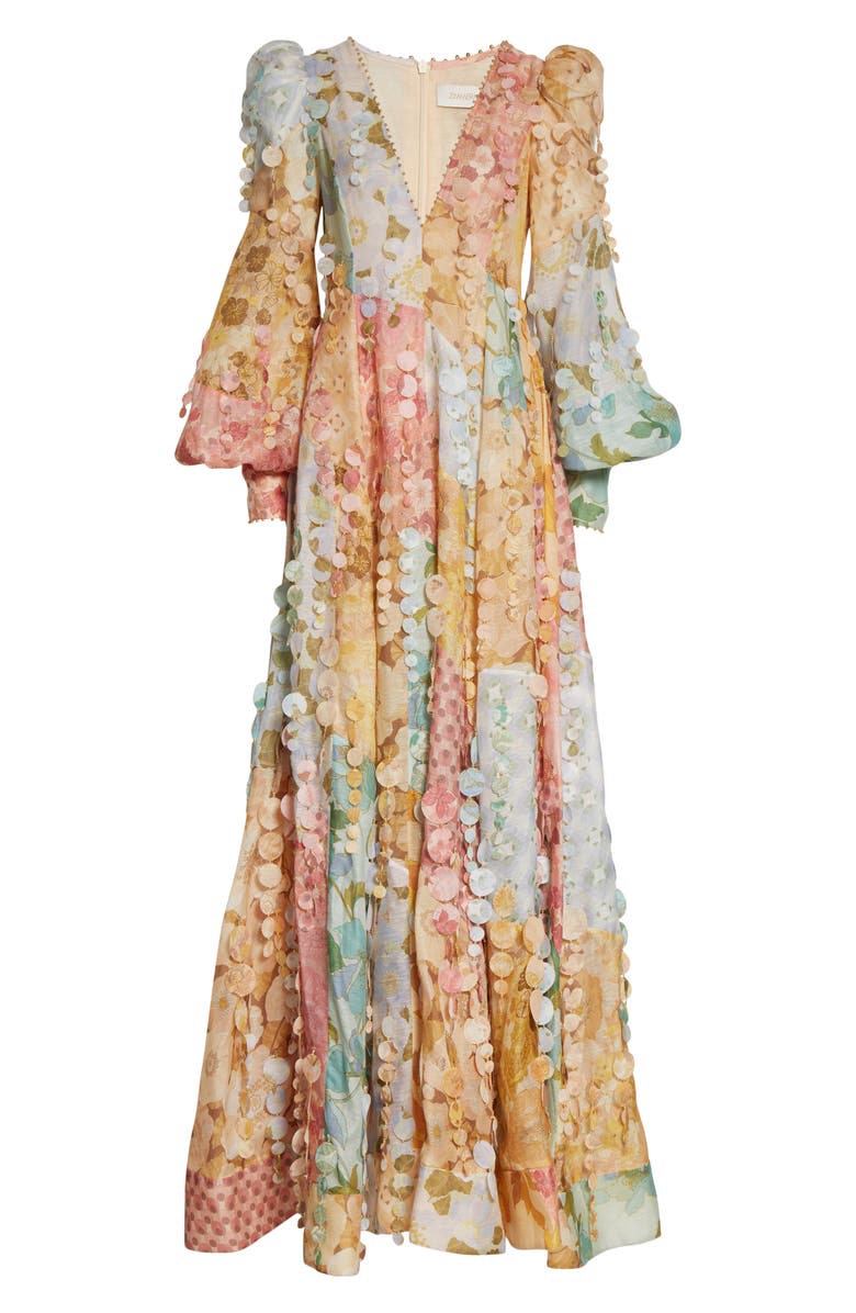 Zimmermann Tempo Patch Long Sleeve Linen & Silk Gown, Alternate, color, 