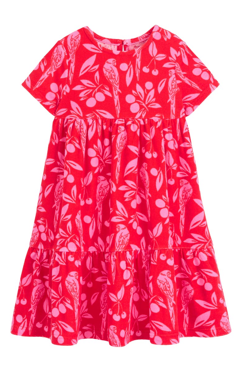 Mini Boden Kids' Ariel Parrot Print French Terry Twirly Dress, Main, color, Poppy Red Parrot Palm