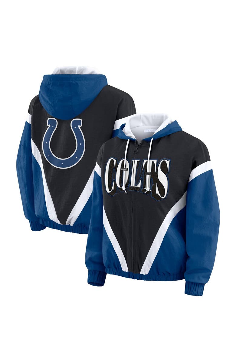 WEAR by Erin Andrews Women's WEAR by Erin Andrews Black/Royal Indianapolis Colts Retro Crinkle Full-Zip Hoodie Windbreaker, Main, color, 