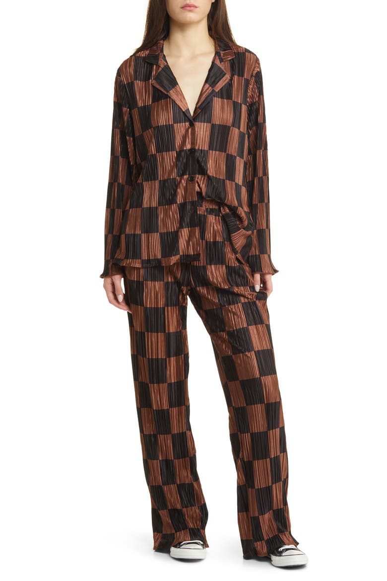 Check Long Sleeve Plissé Top & High Waist Pants, Main, color, MOCHA AND BLACK CHECK