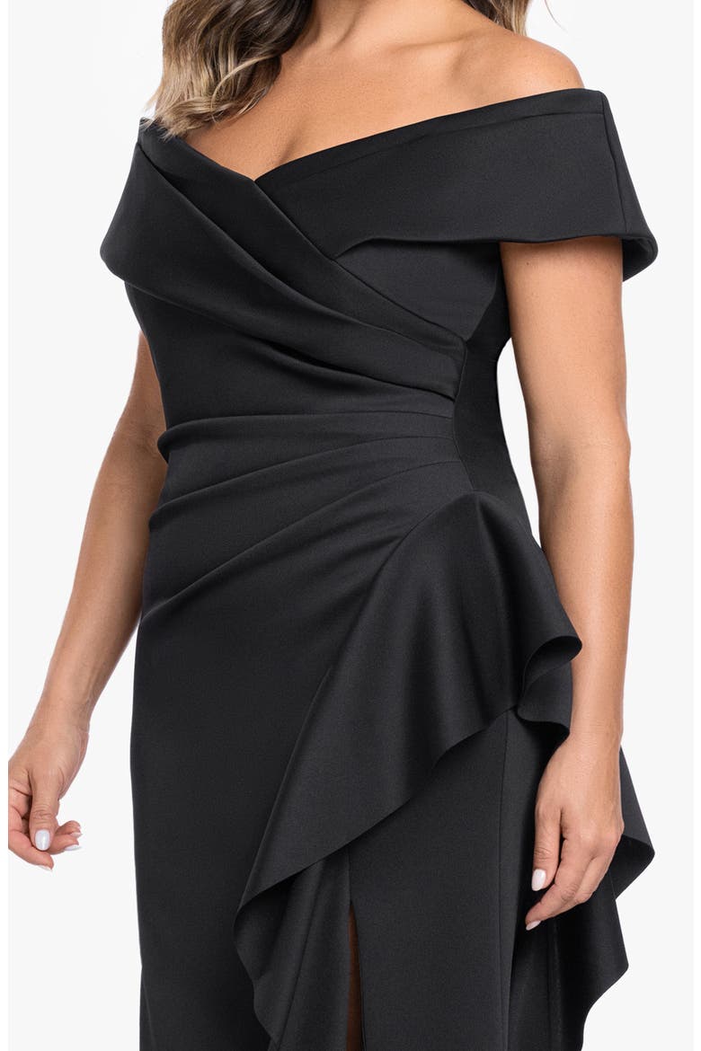 Off the Shoulder Ruffle Scuba Crepe Gown, Alternate, color, BLACK