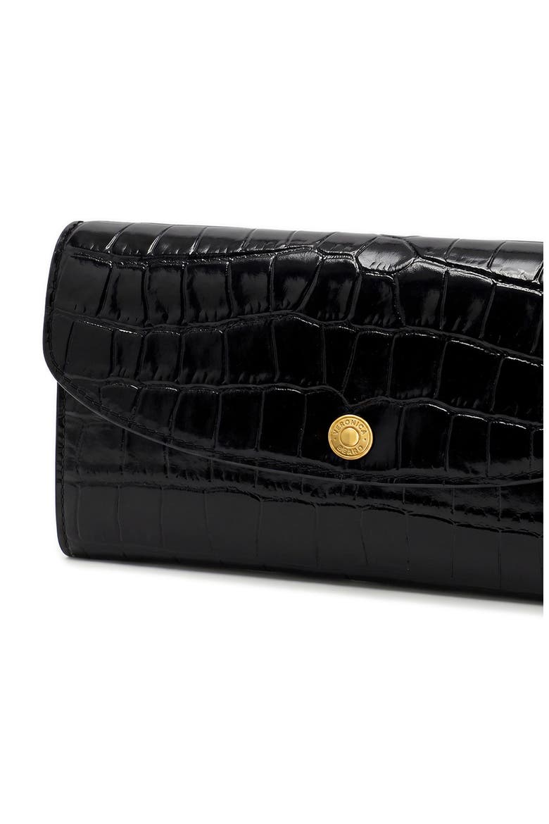 Croc Embossed Leather Crossbody Wallet, Alternate, color, BLACK