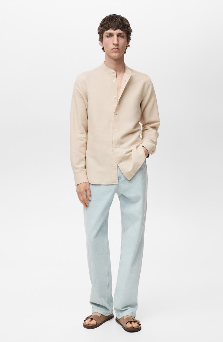 MANGO Band Collar Linen Blend Button-Up Shirt, Alternate, color, Sand