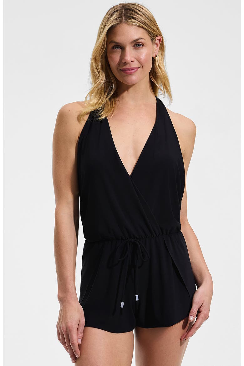 SlenderSuit Surplice Halter Swim Romper, Main, color, Black