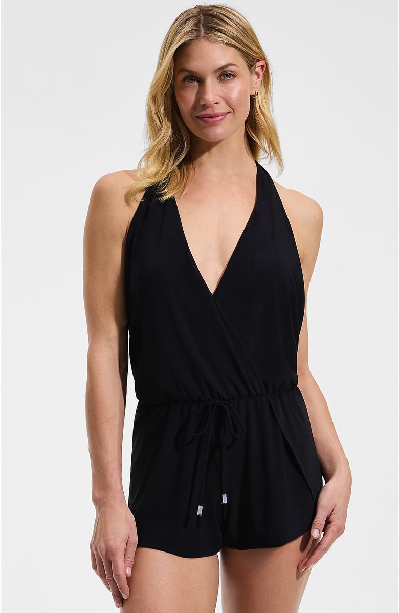 Lands' End SlenderSuit Surplice Halter Swim Romper, Main, color, Black