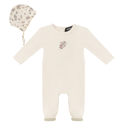 Pointelle Rib Romper and Floral Gauze Bonnet Set (Baby)
