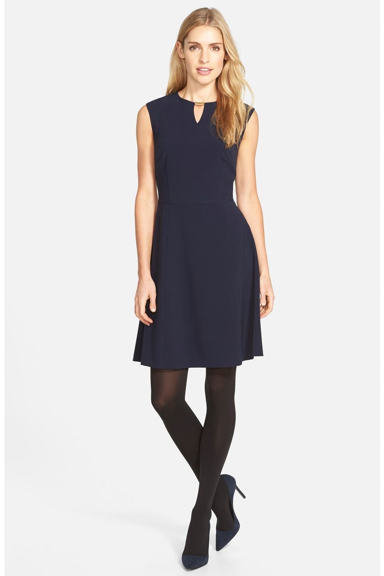 Embellished Bi-Stretch Fit & Flare Dress, Alternate, color, NAVY