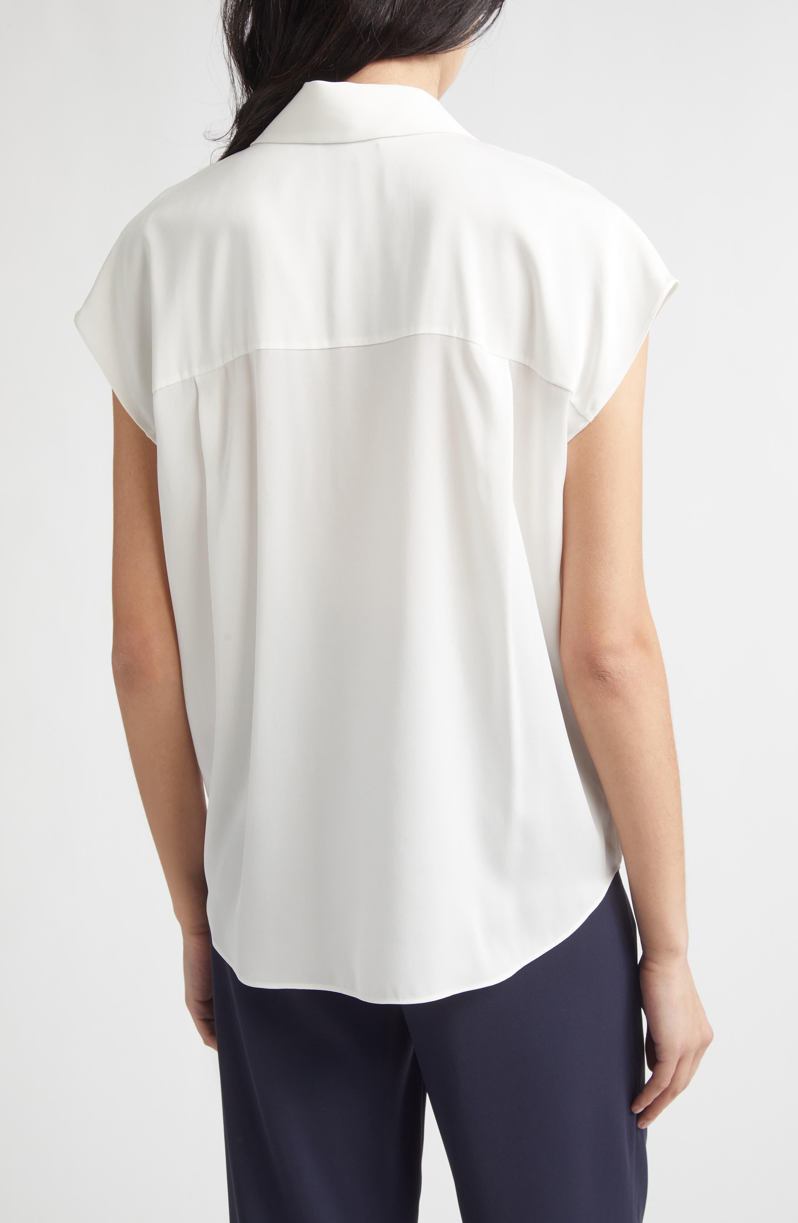 Cap Sleeve Stretch Silk Button-Up Shirt - image 2