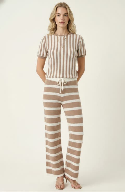 Striped Short Sleeve Knit Top and Wide Leg Pants Lounge Set with Drawstring