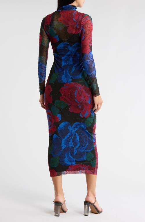 Afrm Los Angeles Marni Rhinestone Long Sleeve Mesh Midi Dress In Black