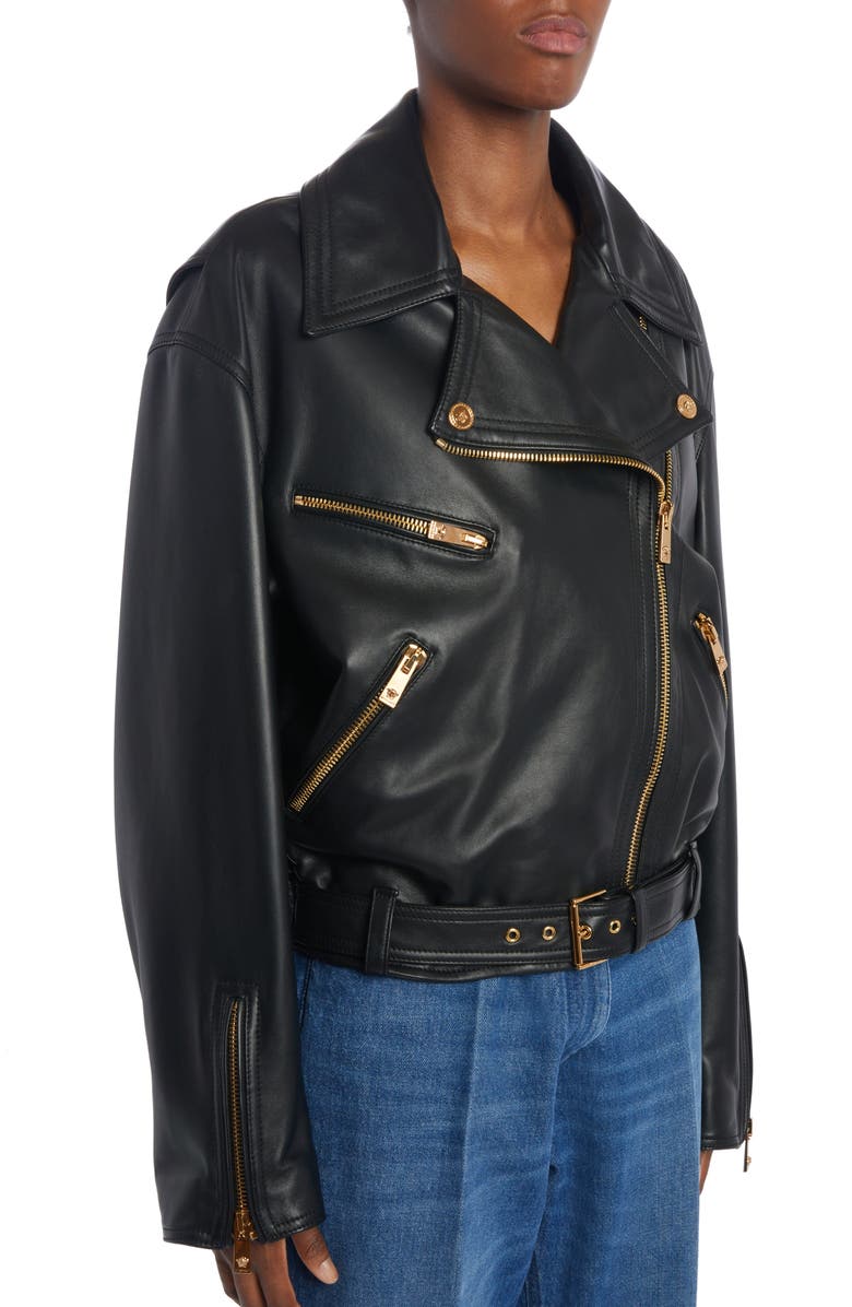 Versace Lambskin Leather Biker Jacket, Alternate, color, 