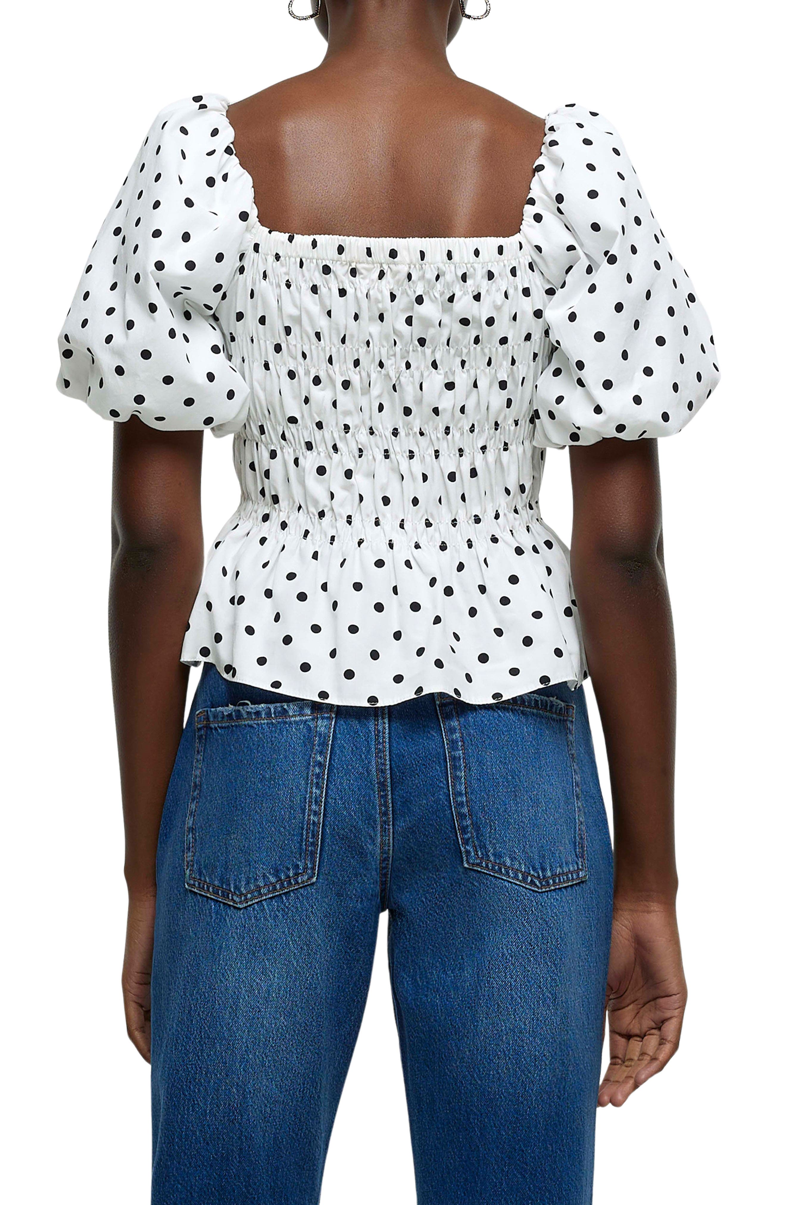 River Island Shirred Polka Dot Puff Sleeve Cotton Top (Women ...