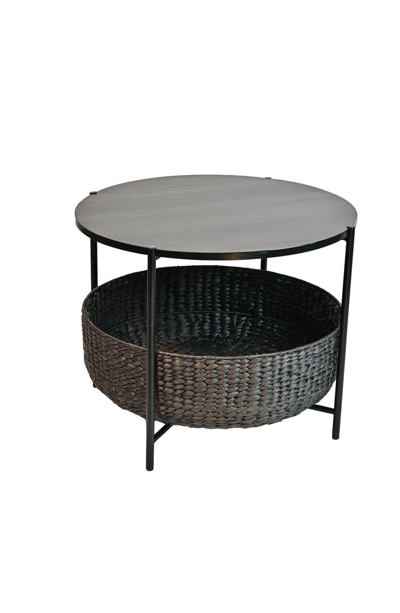 HAPPIMESS Carly 24.21" Modern Coastal Round Acacia Wood/Water Hyacinth Coffee Table with Storage Basket, Main, color, Black