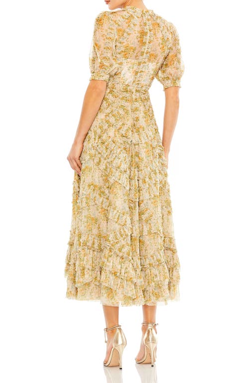 Mac Duggal Illusion High Neck Mesh Puff Sleeve Floral Print Dress In Yellow Multi