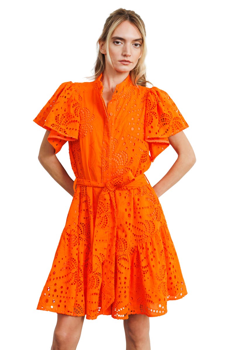 CIEBON Zenaida Eyelet Tie Waist Dress, Alternate, color, Orange