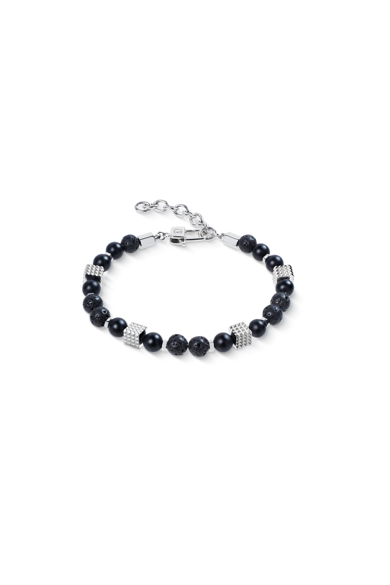 Onyx And Lava Bead Bracelet With Mini Spikes Cubes In Stainless Steel, Main, color, Silver